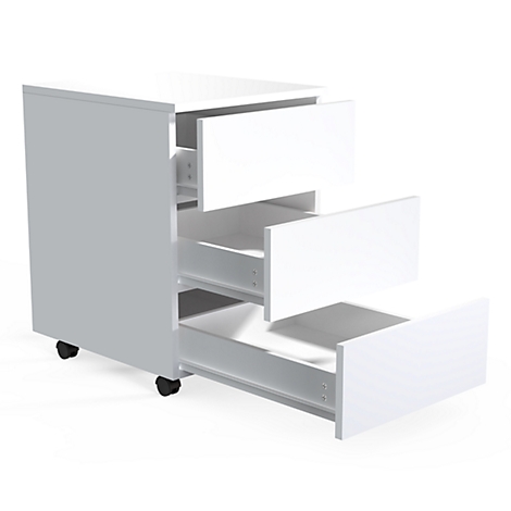 White three-drawer pedestal with open drawers. On castors. On a white background.