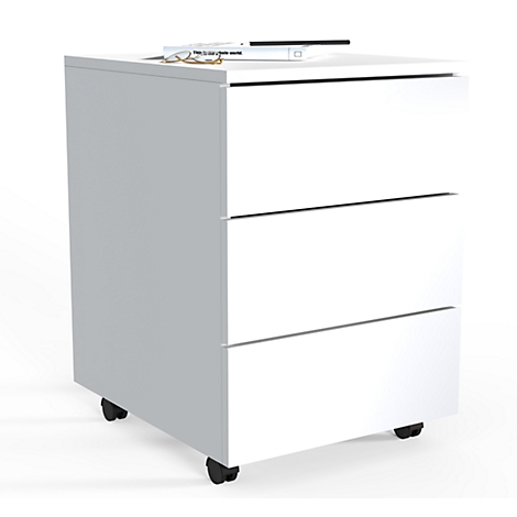 White rolling cabinet with three drawers and wheels. On top are glasses, a book and a remote control.