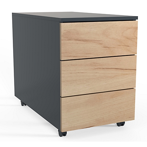 Black mobile pedestal with wood front, three drawers, rollers.