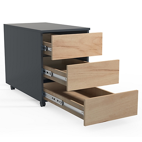 Dark grey mobile file cabinet with three drawers, partially open, lined with wood.