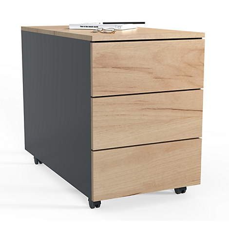 Rolling cabinet with three wood-look drawers, gray sides, with books and glasses.
