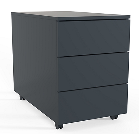 Dark gray desk container with three drawers and casters.