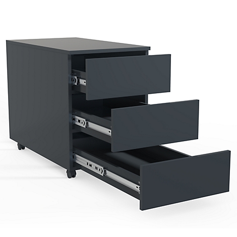 Dark gray pedestal with three drawers pulled out, view of the metal guides.