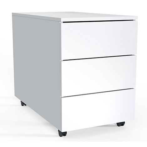 White rolling cabinet with three drawers, on casters. The drawers have narrow grip strips.