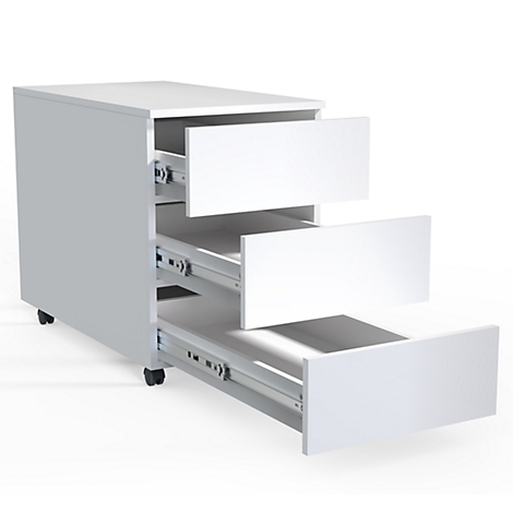 White cabinet with three drawers, two open.