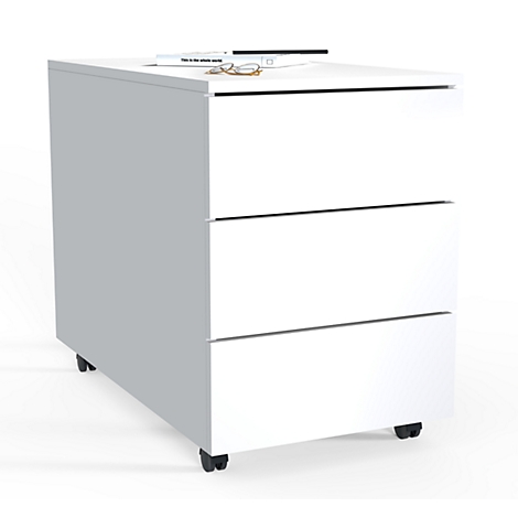 White, rolling file cabinet with three drawers, glasses, and a book. A black book and glasses are on the cabinet.