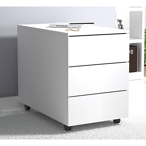 White rolling file cabinet with three drawers. Book, glasses, and pen on top.