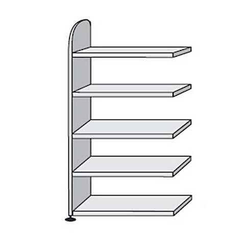 Grey, freestanding shelf unit with 5 shelves. Rounded top edge. Black feet.