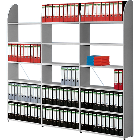 Grey shelving unit filled with red, blue, black, and grey binders.