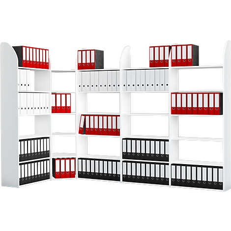 White office cabinet shelving system with red, black, and white folders. A good storage solution for documents.