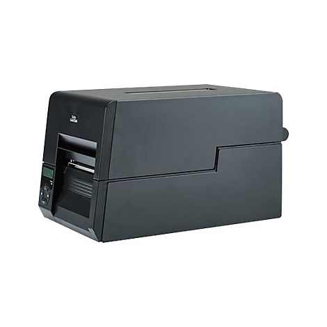 Schwarzer Etikettendrucker auf weißem Hintergrund. Der Drucker hat ein Bedienfeld und eine Aussparung für Etiketten.