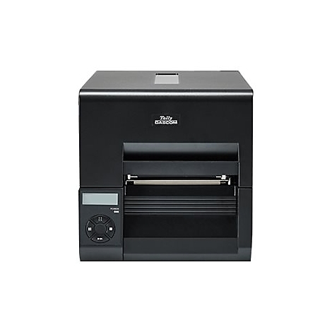 Schwarzer Etikettendrucker mit Display und Bedienelementen, Herstellerlogo Tally Dascom.