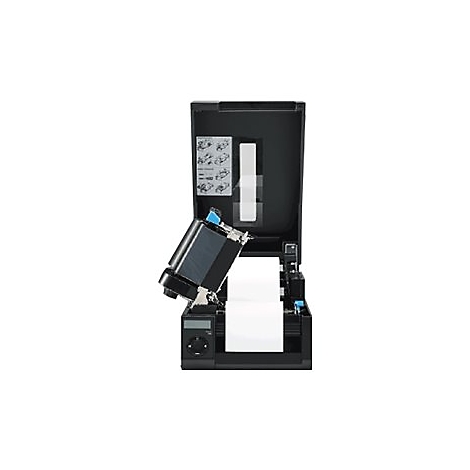 Schwarzer Etikettendrucker mit geöffnetem Deckel, weiße Papierrolle sichtbar.