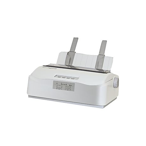 Ein weißer Nadeldrucker, mit Papierführung und Bedienfeld. Aufkleber mit Funktionen.