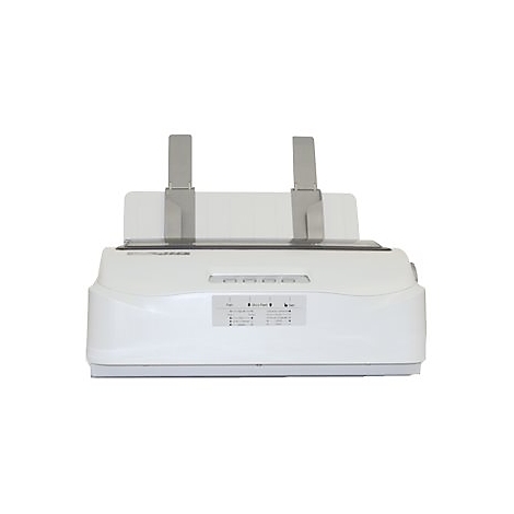 Weißer Drucker mit grauem Papierhalter, Bedienfeld und Hinweisen.