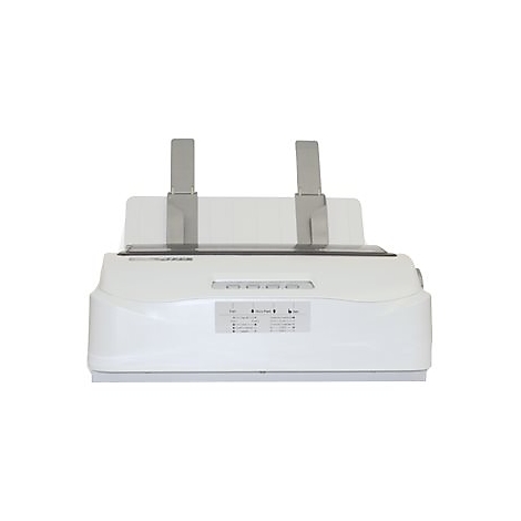 Weißer Drucker mit grauem Papierhalter, Tasten und Anzeigefeld. Auf weißem Hintergrund.