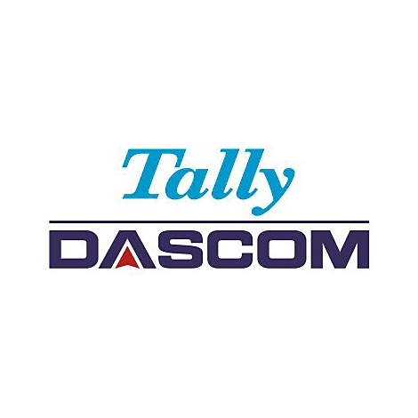 Firmenlogo von Tally Dascom mit blauem Schriftzug Tally und dunkelblauem DASCOM auf weißem Grund.