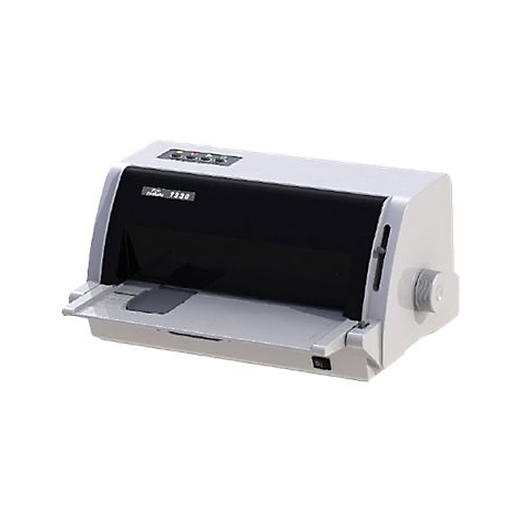 Grau-weißer Thermodrucker, schwarze Front, Modellbezeichnung 1330. Bedienelemente oben und seitliches Rad.