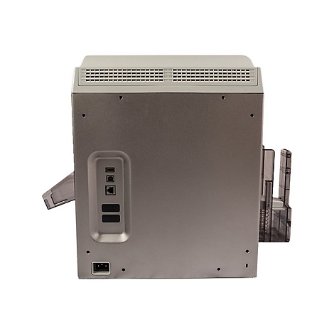 Rückseite eines grauen Kartendruckers mit USB-, Ethernet- und Stromanschlüssen vor weißem Hintergrund.