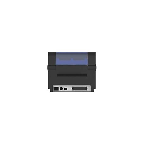 Draufsicht auf einen schwarzen Thermodrucker, graues Gehäuse, blaue Abdeckung.