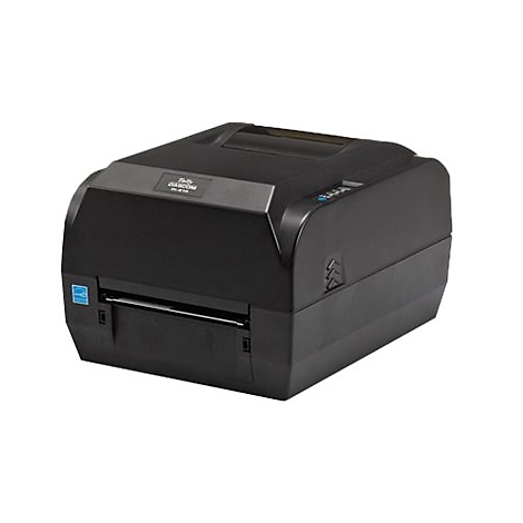 Schwarzer Etikettendrucker auf weißem Hintergrund. Der Drucker hat das Tally Dascom Logo.