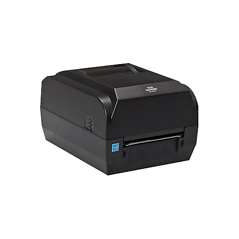 Schwarzer Etikettendrucker auf weißem Hintergrund. Druckerausgabefach offen. Logos: Energy Star, Tally Dascom.