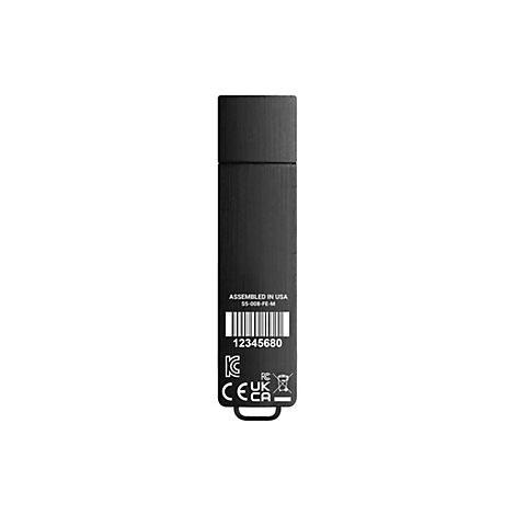 Schwarzer USB-Stick auf weißem Hintergrund, mit Barcode und Beschriftung.