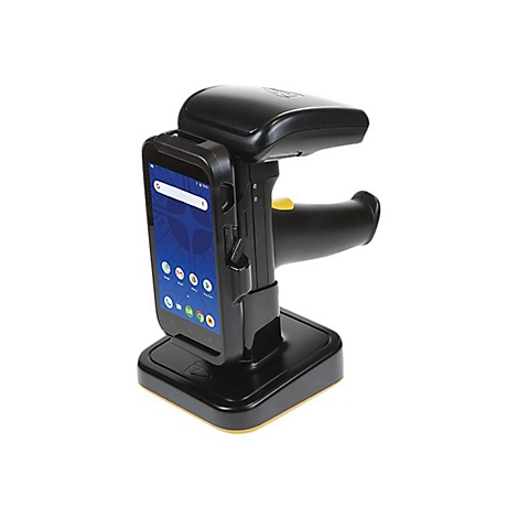 Schwarzes Barcode-Lesegerät mit Smartphone-Halterung, gelbem Auslöser und schwarzem Sockel. Auf dem Smartphone sind App-Icons zu sehen.