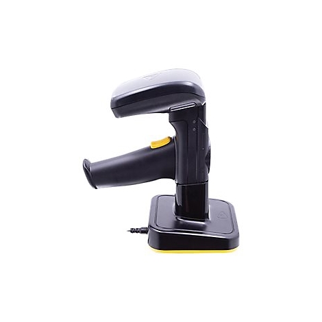 Ein Barcode-Scanner in Schwarz-Gelb auf einer Ladestation, bereit für den Einsatz.