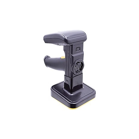 Schwarzer Barcode-Scanner mit gelben Akzenten, auf einer Ladestation, vor weißem Hintergrund.