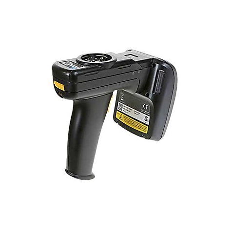 Schwarzes Messgerät mit Griff und gelben Akzenten, auf weißem Hintergrund.