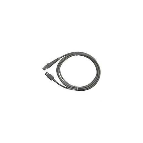 Câble gris avec deux connecteurs, USB et RJ45, sur fond blanc.