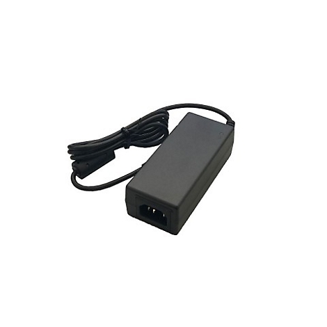 Un adaptateur secteur noir avec câble sur fond blanc.