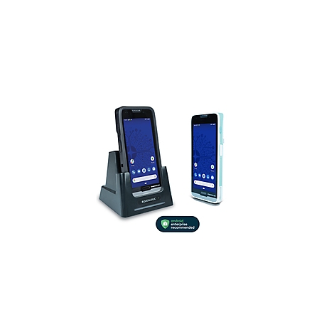 Zwei Smartphones: eines in einer Ladeschale, eines daneben, hellblauer Schutzrahmen. Das Display zeigt eine blaue Oberfläche mit Icons.