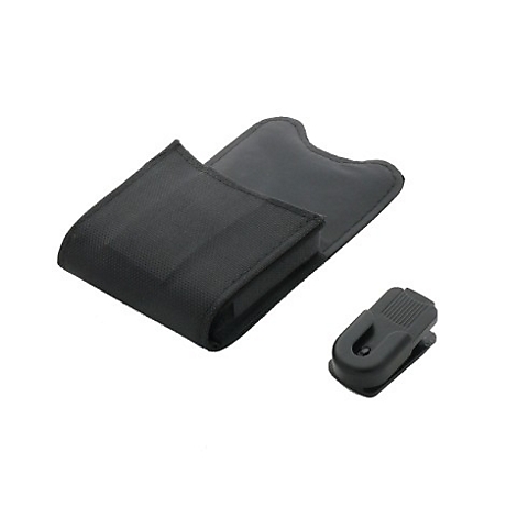 Étui de téléphone noir avec clip de ceinture, ouvert sur fond blanc.