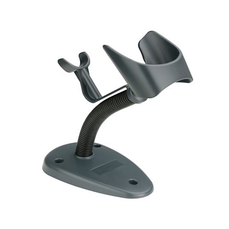 Grauer Barcode-Scanner-Ständer. Gebogene Halterung mit Basis und flexiblen Hals.