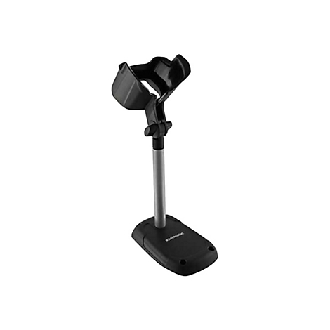 Schwarzer Barcode-Scanner-Halter mit silberner Stütze und schwarzer Basis. "DATALOGIC" ist auf der Basis aufgedruckt.