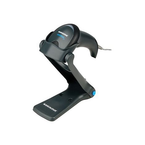 Ein grauer Barcode-Scanner mit Halterung. Auf dem Scanner steht „DATALOGIC QuickScan“. Ein blaues Element ist am Halter vorhanden.