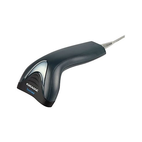 Scanner de codes-barres gris foncé avec câble blanc, marque Datalogic. Gâchette noire et forme incurvée.