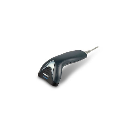 Scanner de codes-barres bleu foncé avec câble blanc, isolé sur fond blanc.