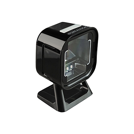 Scanner de codes-barres noir avec le logo Datalogic. Il est monté sur une base et photographié sur un fond blanc.