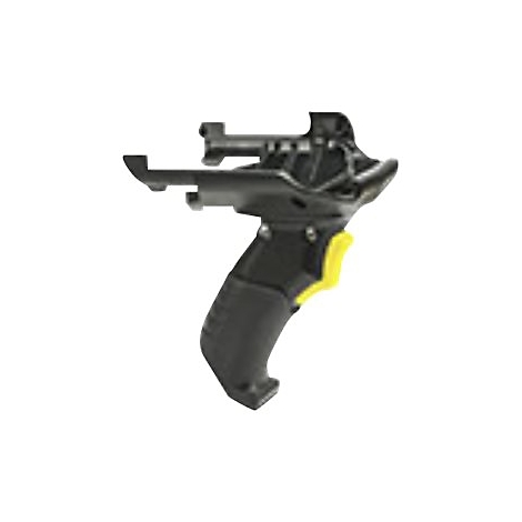 Schwarzes Barcode-Lesegerät mit gelbem Auslöser, isoliert vor weißem Hintergrund.