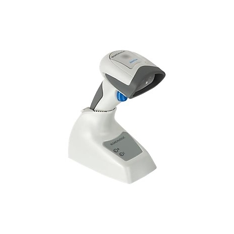 Ein weiß-grauer Barcode-Scanner in einer Ladestation. Scanner mit blauer Taste und zwei Knöpfen auf der Basis.