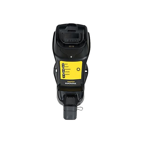 Schwarze Datalogic Ladestation für Barcodescanner mit gelber Statusanzeige vor weißem Hintergrund.