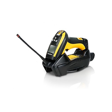 Gelb-schwarzes Handgerät mit Display und Antenne in Ladestation, vor weißem Hintergrund.