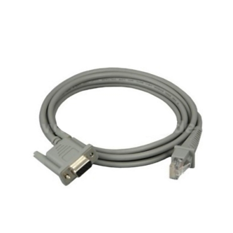 Graues Kabel mit zwei Anschlüssen, ein VGA-Stecker und ein RJ45-Stecker, auf weißem Hintergrund.