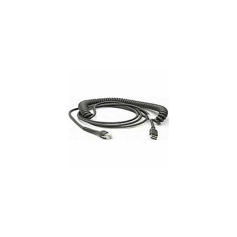 Un câble gris en spirale avec des connecteurs USB et RJ45. Il est posé sur un fond clair.