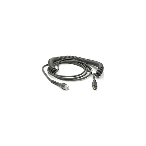 Câble spiralé gris avec connecteurs USB et RJ45.