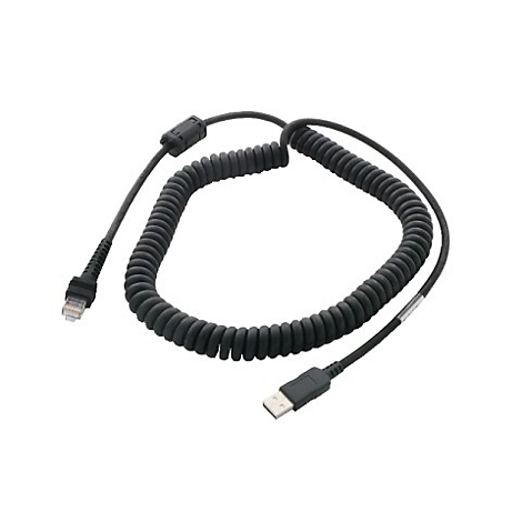 Câble spiralé noir avec connecteurs RJ45 et USB. La majeure partie du câble est enroulée en spirale.