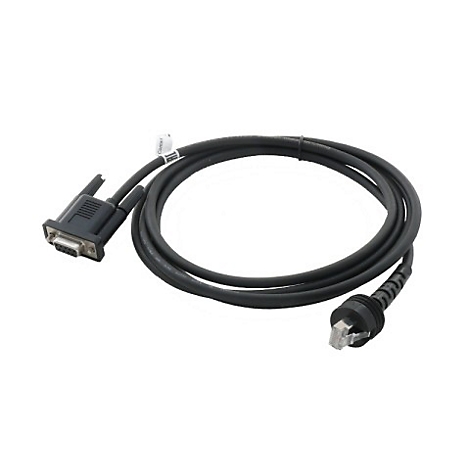 Câble noir avec deux connecteurs : un connecteur D-Sub et un connecteur RJ45, sur fond blanc.